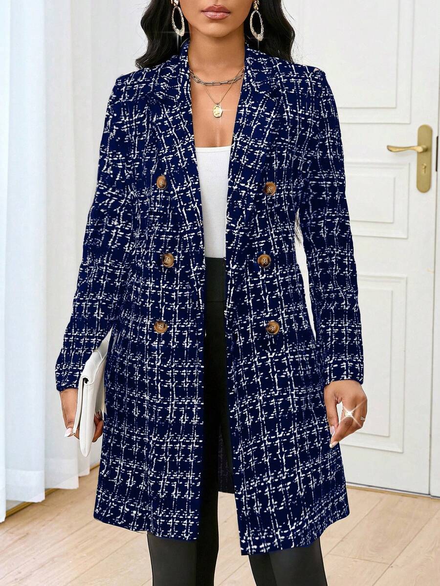 SHEIN Lady 2025 New Autumn And Winter Elegant Commuting Office Navy Blue And White Plaid Knitted Lapel Button Long Sleeve Plus Size Blazers Plus Size Coats Stylish Clothing Collection  Winter Clothes