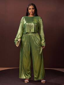 Veslaya Nuevo conjunto de 2 piezas de otoño/invierno para mujer talla grande, compuesto por una blusa suelta de manga larga y cuello redondo en color verde azulado elegante, y pantalones de pierna ancha y extra largos con bolsillos, en tela brillante, ideal para fiestas, citas, eventos, graduación, boda y Navidad - Verde - Ver 6