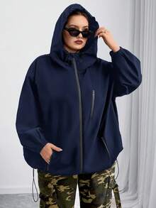 SHEIN CURVE+ Áo khoác có mũ trùm đầu Curves Plus Size/Quần áo đi học/Quần áo trở lại trường/Áo khoác có mũ trùm đầu dây rút vai trễ dành cho nữ cỡ lớn, Quần áo mùa thu dành cho nữ, Mùa đông, CURVE PLUS - Màu xanh hải quân - Xem 4