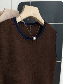 Franclia 女式休闲宽松圆领无袖针织撞色边卡其色毛衣上衣，春秋季 - 棕色 - 查看 4