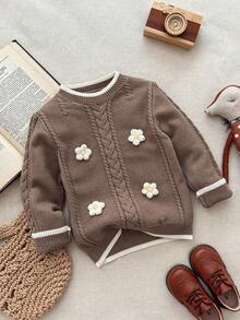 Blossori Young Girls' French Elegant Floral Crew Neck Long Sleeve Sweater - Coffee Brown - View 1