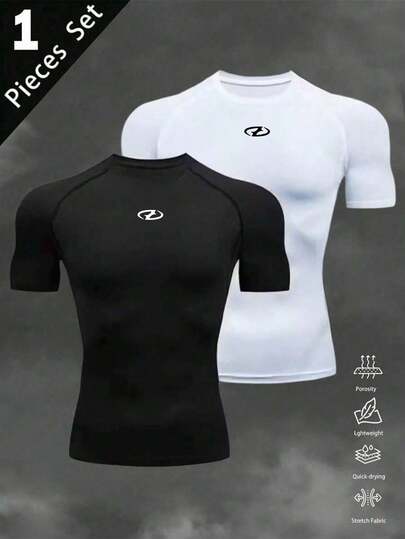 Manfinity Sport Corelite 男士休闲印花圆领插肩袖运动T恤，夏季弹力紧身衣健身压缩衣男士运动压缩衣