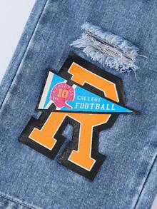 幼儿男童个性酷炫时尚街头纸浆印花多元素做旧松紧腰口袋牛仔裤 - 淺色水洗藍 - 查看 5