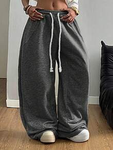 Coolane 女士夏季街头休闲装宽松松紧腰带舒适灰色弯刀裤 - 深灰色 - 查看 2