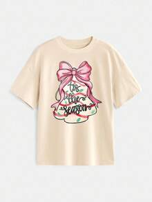 EMERY ROSE 女式休闲蝴蝶结图案圆领落肩短袖T恤 - 杏色 - 查看 4
