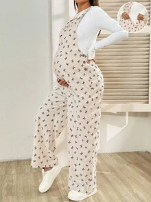 SHEIN 孕妇蝴蝶结印花时尚无袖连体裤 - 卡其色 - 查看 8