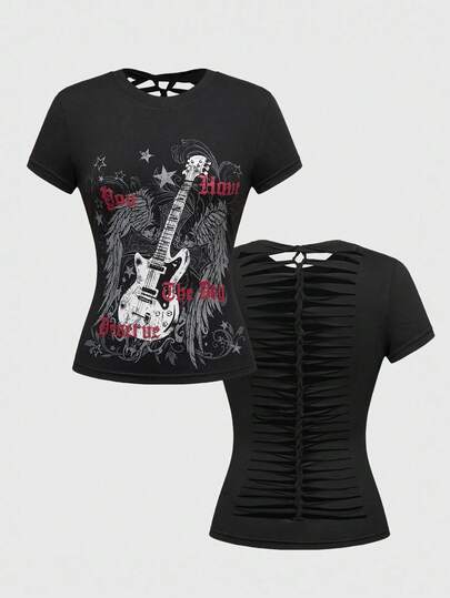 J-Fashion Y2K Sexy Vine Guitar Wings & Star Print Hollow Out Crop Top For Women