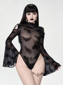 ROMWE Bộ đồ liền thân tay loe phối ren họa tiết bướm Gothic gợi cảm - màu đen - Xem 1