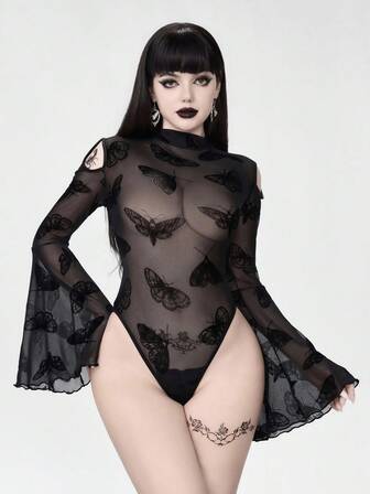 Gothic Butterfly Flocked Lace-Up Halter Flare Sleeve Sexy Jumpsuit