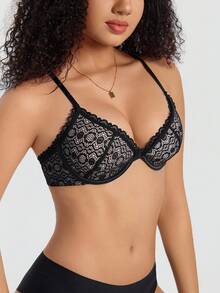 Women's Lace Patchwork Non-Removable Underwire Padded Bra, Sexy Lingerie - Black - View 5