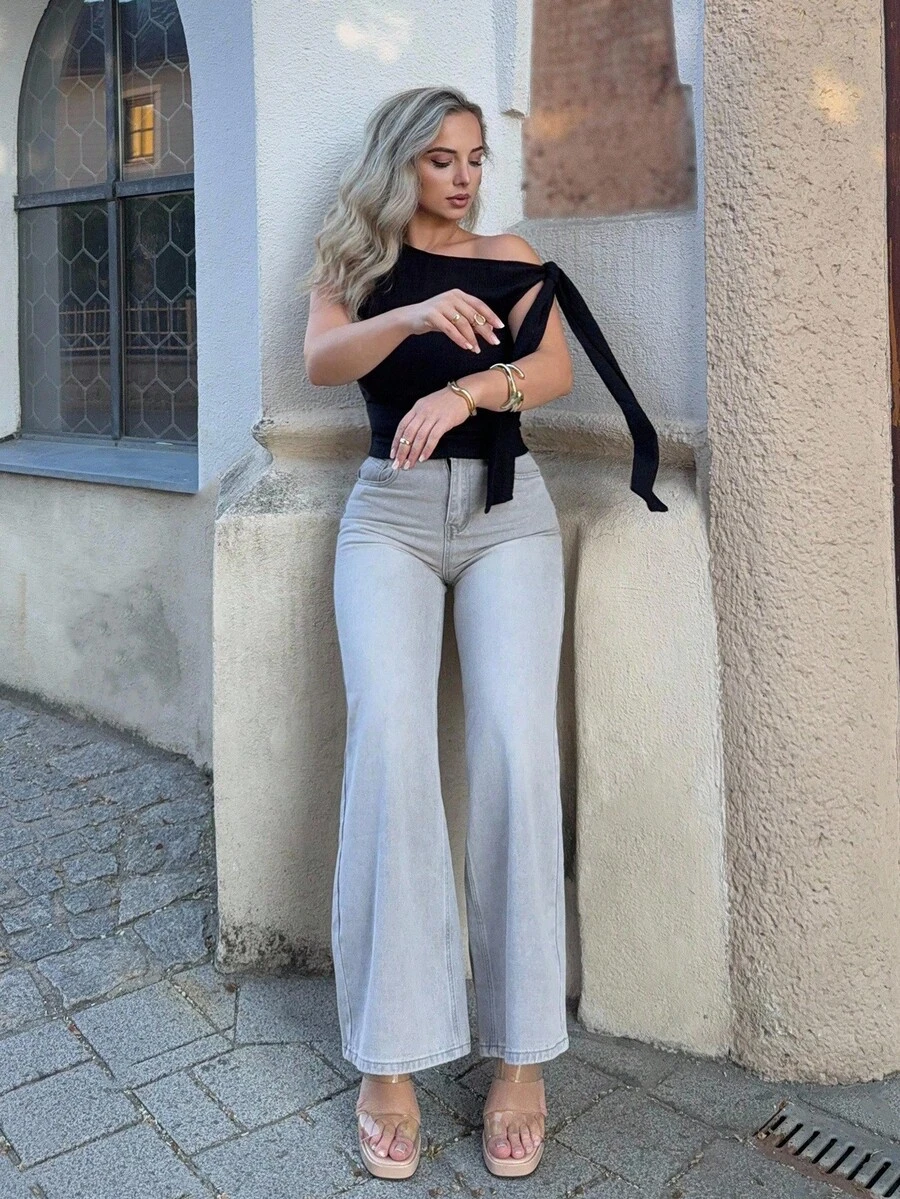 Jeta Ari 女式夏季宽松休闲破洞牛仔裤 - 灰色 - 查看 1