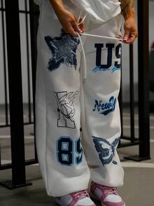 SAYEHFBABY 1pc Personality Print Drawstring Waist Street Casual Sweatpants - White - View 5