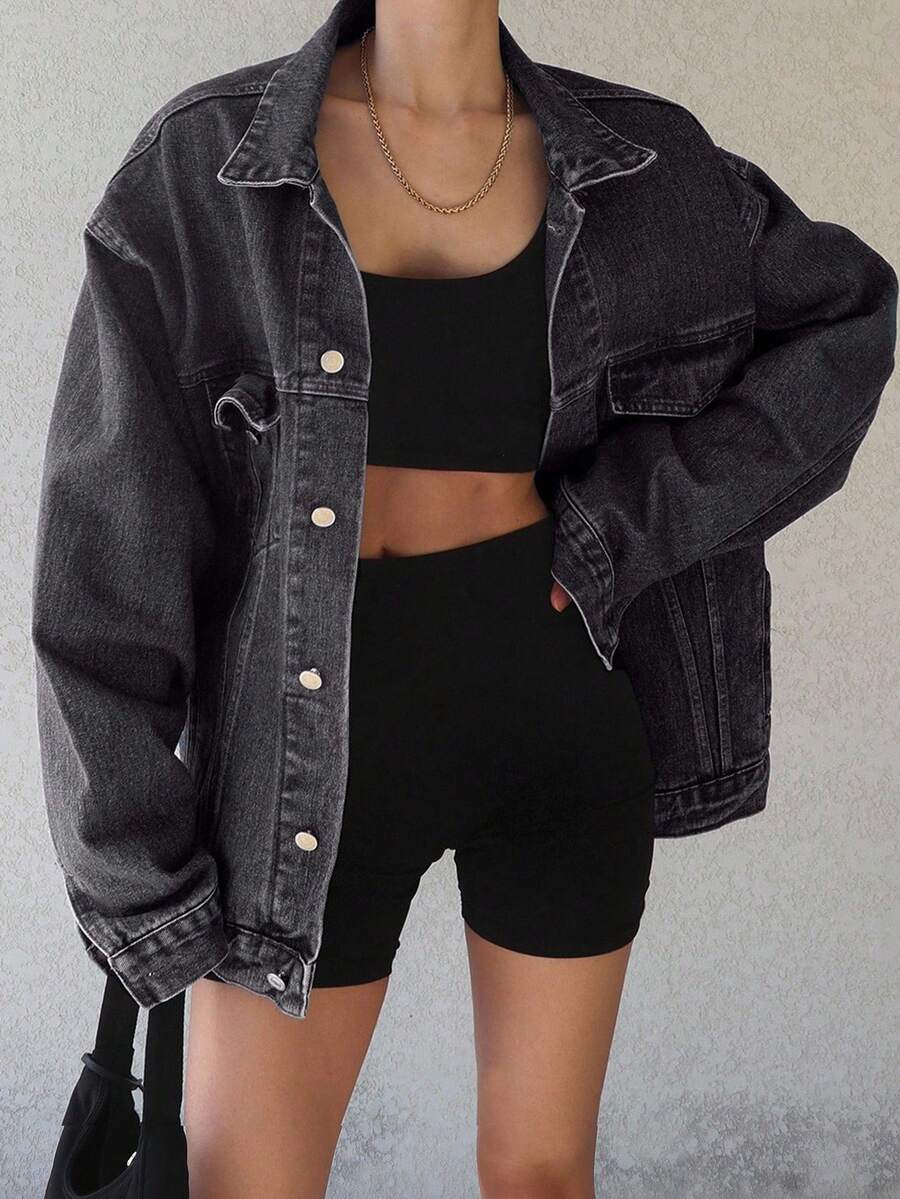 DAZY Women's Loose Fit Denim Jacket And Coat - Black - View 1