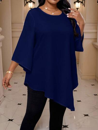 SHEIN Lady 2025 New Plus Size Women Navy Blue Solid Metallic Round Neck 3/4 Sleeve Loose Asymmetric Hem Elegant Blouse Thermal Winter Valentine's Day New Year Party Thanksgiving