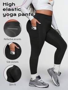Rhythm Era Plus Size High Waist Compression Leggings With Pockets, Reflective Dots, Butt Lifting Booty Lifting Pants Yoga Pants High Waist Compression Workout Tights - Black - View 2