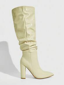 Daringsoles 黑色尖头粗高跟及膝靴，侧拉链，性感百褶，适合秋冬女士 - 杏色 - 查看 7