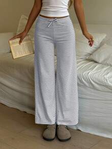 Tween Girl/Tween Girls Casual Versatile Navy Blue & White Striped Bow Decor Tube Top & Wide Leg Pants Set - Grey - View 7