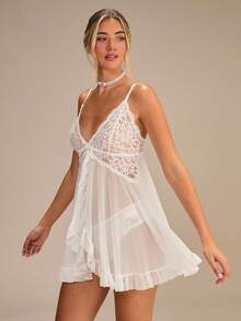 Enchnt 对比色蕾丝荷叶边装饰网眼娃娃装性感内衣连衣裙配丁字裤 - 白色 - 查看 4