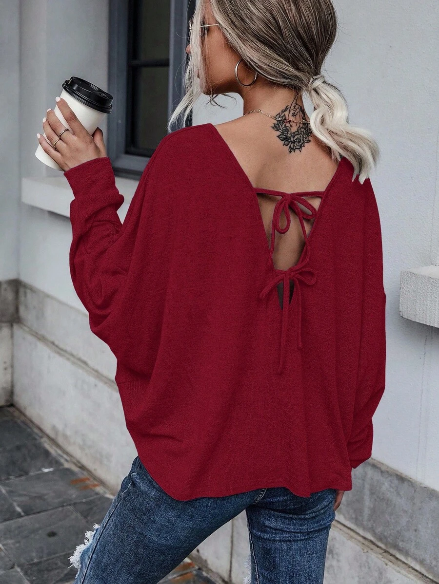 EMERY ROSE Casual Solid Color Batwing Sleeve Back Tie T-Shirt, Autumn - Red - View 1