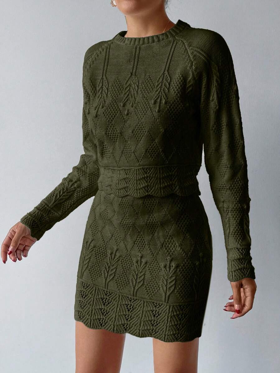 EURMUSE Elegant Texture Knit Hollow Out Sweater & Sweater Skirt Co-Ords 2 Pieces Set - Army Green - View 1