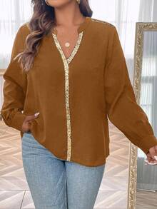 SHEIN Clasi Áo cánh tay dài cổ chữ V chắp vá sequin cỡ lớn thời trang rộng rãi cho nữ - Cà phê nâu - Xem 6