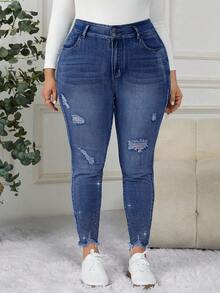 EMERY ROSE Plus Size Blue Frayed Hem Fashionable Slim Fit Casual Jeans - Medium Wash - View 3