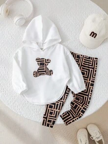 SHEIN Baby Mädchen süßes lässiges Set aus Langarm T-Shirt mit Cartoon Muster und karierter Hose