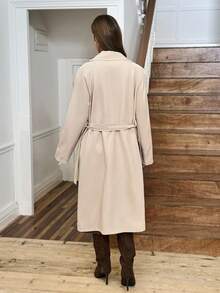 Abrigo de trinchera casual de mujer LanaWest con estilo occidental, cordones y hebilla, en diseño de patchwork a cuadros - Caqui - Ver 9