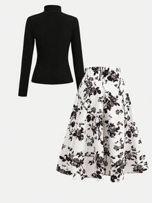 SHEIN 少女黑色毛绒罗纹高领长袖 T 恤和花卉印花短裙休闲两件套 - 黑色 - 查看 10