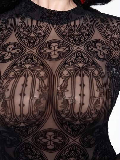 Goth Blusa transparente de manga acampanada con efecto flocked de inspiración gótica para mujer talla grande