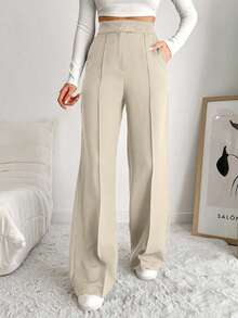 EURMUSE Solid Color Wide Leg Suit Pants With Slant Pockets - Beige - View 1