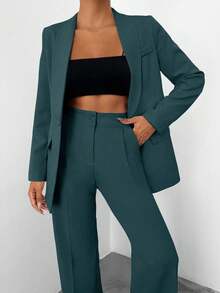 EURMUSE Women Solid Color Blazer And Pants Suit Set