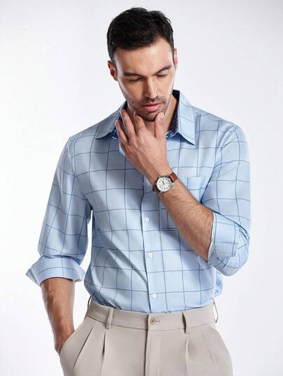 Manfinity CityGents Camisa casual de manga larga con bolsillo y cierre de un solo abotonadura a cuadros para hombres, camisa azul casual para hombres, otoño