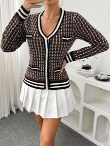 Elenzga 女式 V 领时尚插肩袖撞色纽扣前针织开衫 - 棕色 - 查看 5