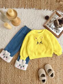 SHEIN 女宝宝休闲猫咪刺绣圆领上衣和裤子套装，秋冬 - 黃色 - 查看 7