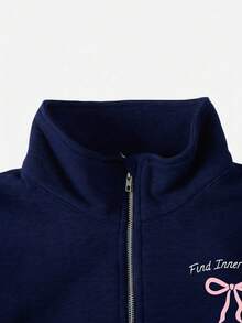 SHEIN Casual Comfortable Teen Girl Collegiate Versatile Letter & Bow Print Half-Zip Up Loose Fit Sweatshirt