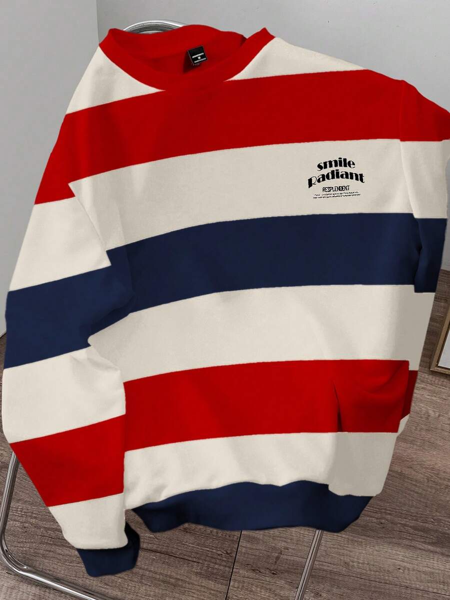 Manfinity Hypemode Men Contrast Stripe Round Neck Casual Pullover Sweatshirt, Fall - Multicolor - View 1