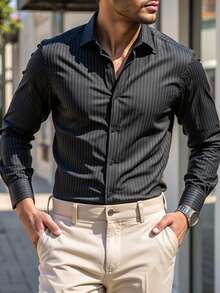 Calvornis 男士条纹长袖衬衫，成熟休闲上衣，男士礼物，秋季款 - 黑色 - 查看 3