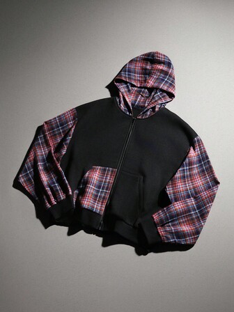 Prep Herren Lässiger Street Hoodie mit Reißverschluss, Patchwork Muster, College Stil, Frühling/Herbst