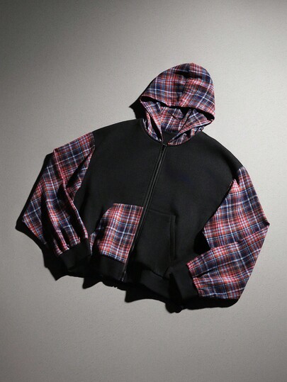 Prep Herren Lässiger Street Hoodie mit Reißverschluss, Patchwork Muster, College Stil, Frühling/Herbst