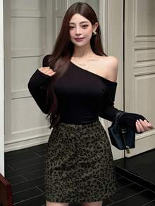 FRIFUL Women's Casual Leopard Print Button Waist Short Skirt - Army Green - View 5