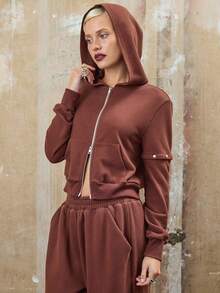 COUREZ Shrunken Fit Zip Up Hoodie With Removeable Sleeves /Y2K  Clothes For Women Spring Clothes For Women Casual Loungewear Streetwear Cute Brown - Mocha Brown - View 2