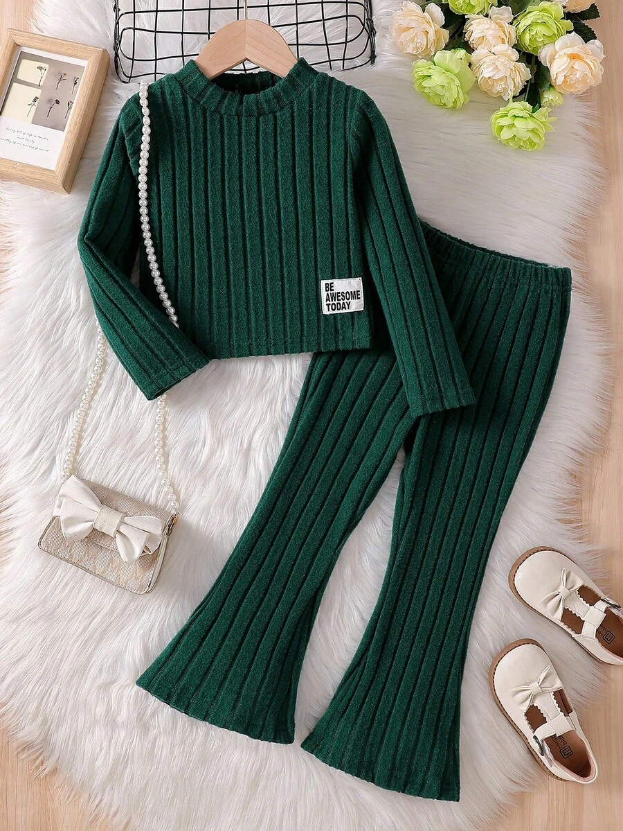 Elladie kids 2pcs/Set Young Girl Letter Print Top And Flare Pants