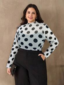 Chikora Plus Size Women Mesh Polka Dot Print Stretchy Fitted Blouse