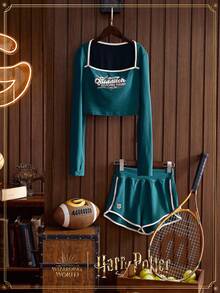 GLOWMODE X HARRY POTTER FeatherFit™ Long-Sleeve Quidditch-Embroidered T-Shirt Low Impact Yoga Daily Casual - Dark Green - View 8