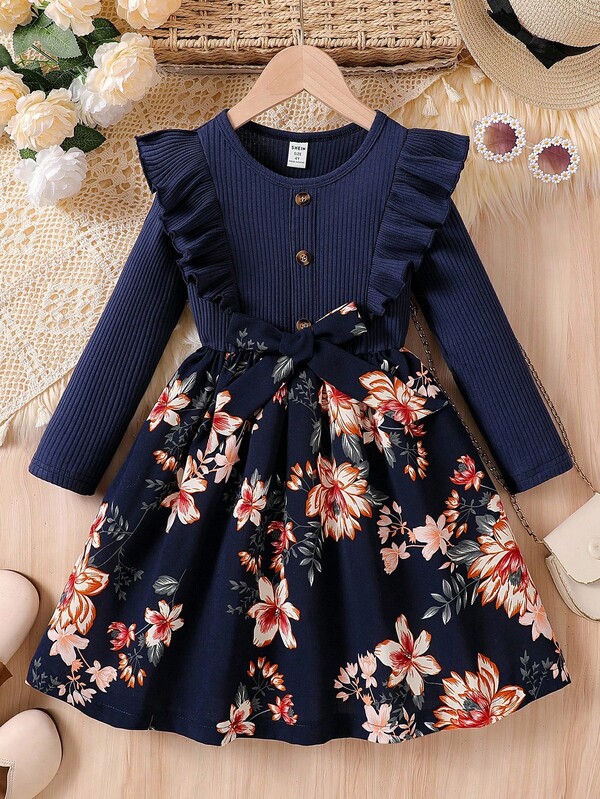 Elladie kids Young Girl' Printed Long Sleeve Ribbed Waist A-Line Dress