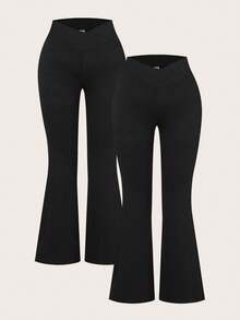 SHEIN EZwear 2 件套黑色高腰交叉设计紧身休闲喇叭裤，适合春秋季，加大码 - 黑色 - 查看 2