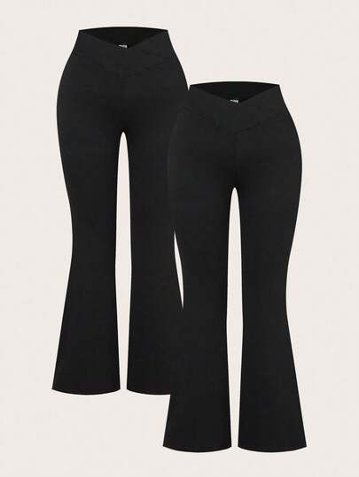 SHEIN EZwear 2pcs/Set Black High Waist Criss-Cross Design Skinny Casual Flare Pants, Suitable For Spring & Autumn, Plus Size