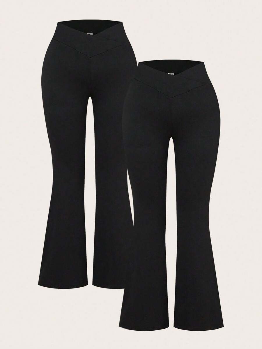 SHEIN EZwear 2 件套黑色高腰交叉设计紧身休闲喇叭裤，适合春秋季，加大码