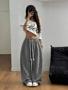 Coolane 女士夏季街头休闲装宽松松紧腰带舒适灰色弯刀裤 - 深灰色 - 查看 6